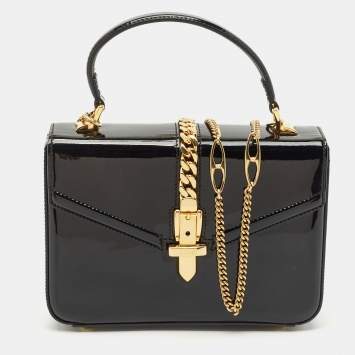 Gucci Black Patent Leather Mini Sylvie 1969 Top Handle Bag