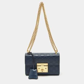 Gucci Navy Blue Guccissima Leather Small Padlock Shoulder Bag