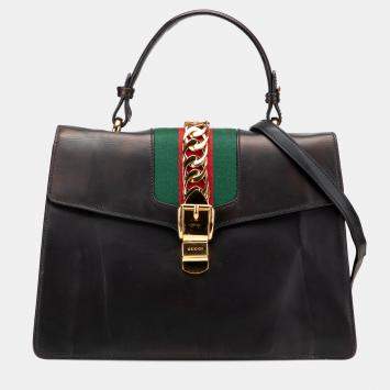 Gucci Black Medium Leather Sylvie Top Handle Bag