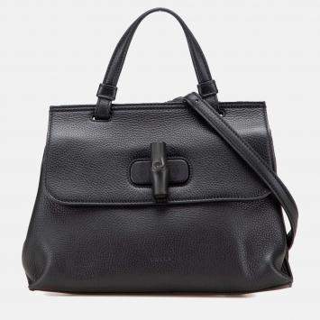 Pre Owned Gucci Black Small Leather Bamboo Daily Satchel