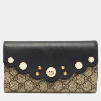 Gucci Black/Beige Leather and GG Supreme Canvas Peony Pearly Continental Wallet