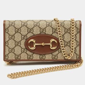 Gucci Beige/Brown GG Supreme Canvas Horsebit 1955 Wallet on Chain