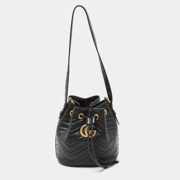 Gucci Black Matelasse Leather GG Marmont Bucket Bag