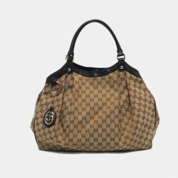 Pre Owned Gucci Black/Beige GG Canvas and Leather Large Sukey Tote