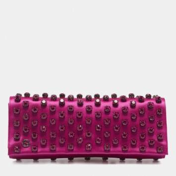 Gucci Pink Satin Broadway Crystal Embellished Flap Clutch