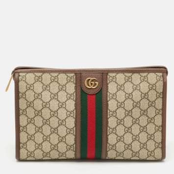 Pre Owned Gucci Beige/Brown GG Supreme Canvas and Leather Medium Ophidia Pouch 