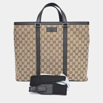 Gucci Beige Black Fabric Jacquard Tote and Shoulder Bag