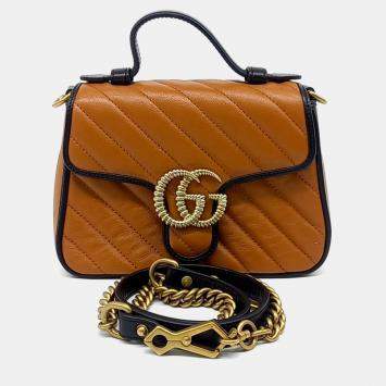 Gucci Brown Leather GG Marmont Mini Top Handle Bag