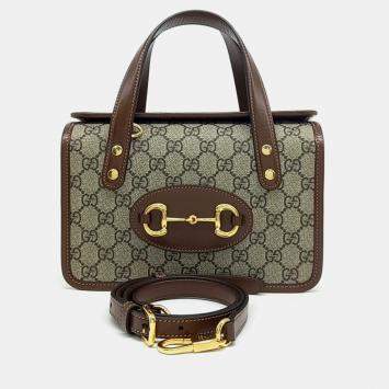 Gucci Beige Brown Leather and PVC 1955 Horsebit Mini Top Handle Bag