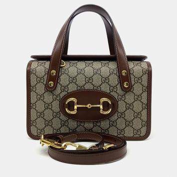 Gucci Beige Brown Leather and PVC 1955 Horsebit Mini Top Handle Bag
