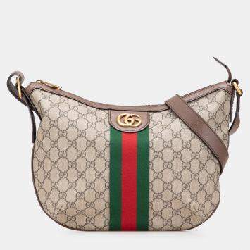 Gucci Beige/Brown Small GG Supreme Web Ophidia Half Moon Crossbody Bag