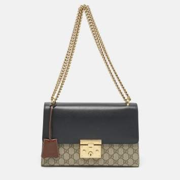 Pre Owned Gucci Tricolor GG Supreme Canvas and Leather Medium Padlock Shoulder Bag