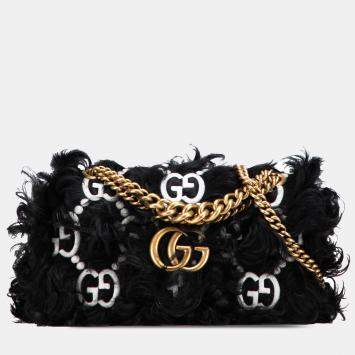 Gucci Black Small GG Marmont Embroidered Shearling Crossbody