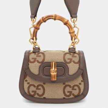 Gucci Bamboo 1947 Jumbo Gg Top Handle 2Wayhandbag Beige/Brown Canvas Leather Size Mini