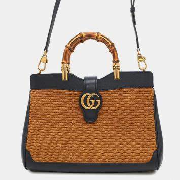 Gucci Japan Limited Edition Double Gg Bamboo Top Handle Bag Navy Straw Leather