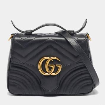 Gucci Black Matelasse Leather Mini GG Marmont Top Handle Bag