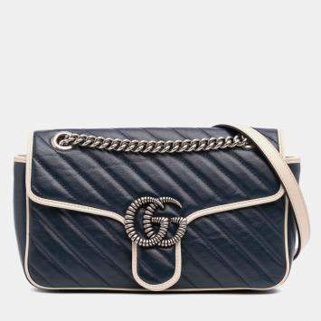 Gucci Navy Blue/White Small GG Marmont Matelasse Leather Torchon Flap Crossbody