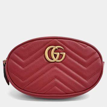 Gucci Red Leather GG Marmont Matelasse Belt Bag