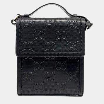 Gucci Black Leather GG Embossed Messenger Bag