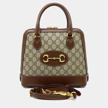 Pre Owned Gucci Beige Brown PVC 1955 Horsebit Top Handle Bag Small