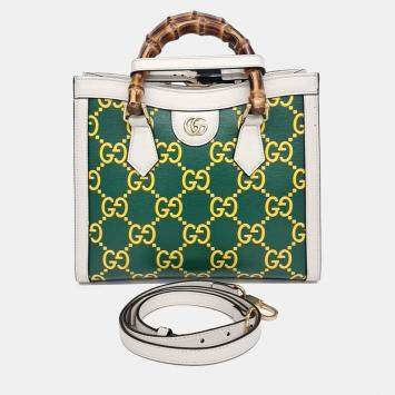 Pre Owned Gucci Green Leather Diana Bamboo Tote Bag Small