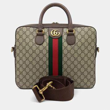 Pre Owned Gucci Beige Brown Canvas and Leather Ophidia Briefcase