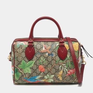 Gucci Red/Beige GG Supreme Canvas and Leather Small Tian Boston Bag