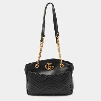 Gucci Black Matelasse Leather GG Marmont Open Top Shoulder Bag