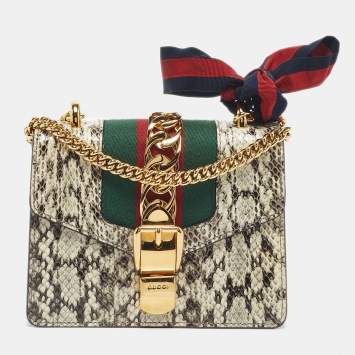 Pre Owned Gucci Black/White Watersnake Leather Mini Web Chain Sylvie Shoulder Bag