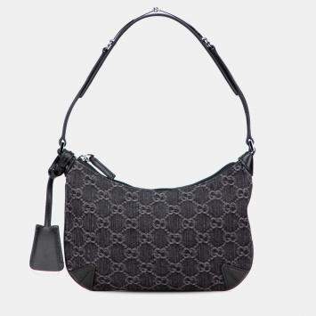 Gucci Black Small GG Denim Horsebit Slim Hobo