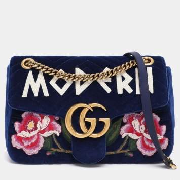 Gucci Blue Matelassé Velvet Floral Modern Embroidered GG Marmont Shoulder Bag