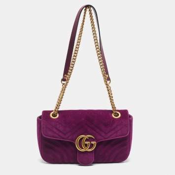 Pre Owned Gucci Purple Matelassé Velvet Small GG Marmont Shoulder Bag