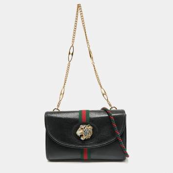 Pre Owned Gucci Black Leather Web Rajah Small Flap Shoulder Bag