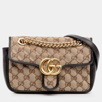 Gucci Beige Black Mini GG Marmont Matelasse Canvas Flap Crossbody