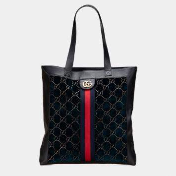 Gucci Navy Blue Large GG Velvet Web Ophidia Tote