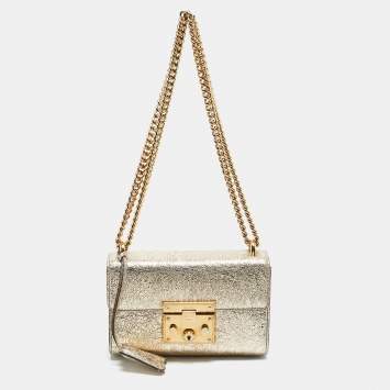 Gucci Gold Crinkled Leather Small Padlock Shoulder Bag