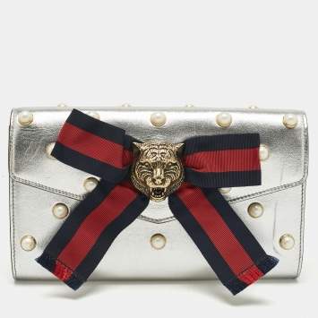 Pre Owned Gucci Silver Leather Animalier Broadway Clutch