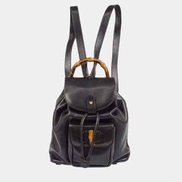 Pre Owned Gucci Bamboo Black Leather Backpack 