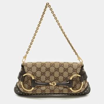Gucci Beige/Brown GG Canvas and Leather Horsebit Chain Clutch