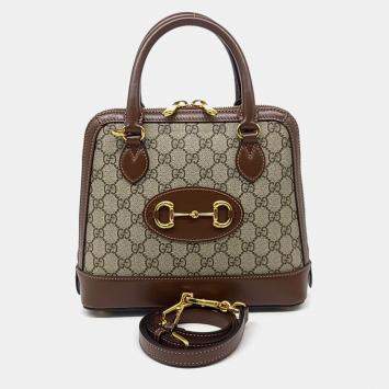 Gucci Beige Brown PVC 1955 Horsebit Top Handle Bag Small