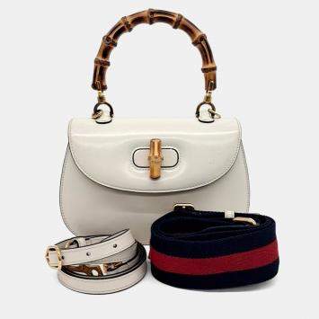 Gucci White Leather Bamboo 1947 Small Top Handle Bag