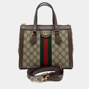 Gucci Beige Brown Canvas and Leather Ophidia GG Shoulder Bag Small