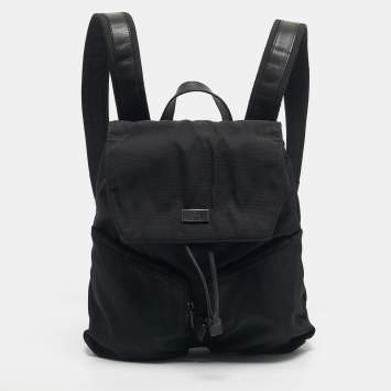 Pre Owned Gucci Black Leather and Nylon Pocket Drawstring Backpack