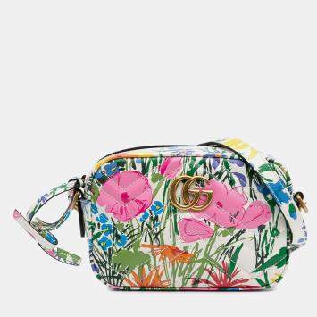مملوكة مسبقًا Gucci White Ken Scott Mini GG Marmont Floral Printed Matelasse Leather Crossbody