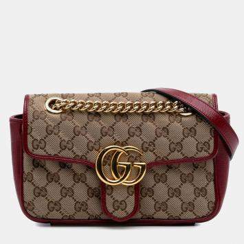 مملوكة مسبقًا Gucci Beige/Red Mini GG Marmont Matelasse Canvas Flap Crossbody