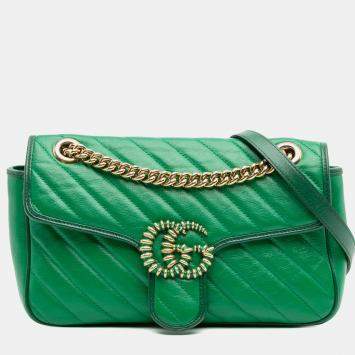 Pre Owned Gucci Green Small GG Marmont Matelasse Leather Torchon Flap Crossbody
