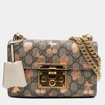 Pre Owned Gucci Beige Brown Small GG Supreme Berry Padlock Crossbody