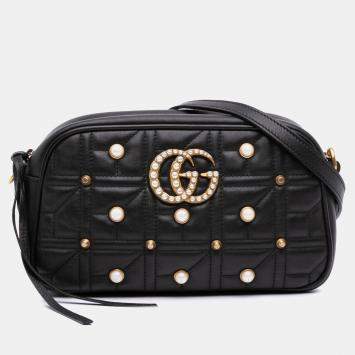 Pre Owned Gucci Black Small GG Marmont Matelasse Leather Pearl Studded Crossbody