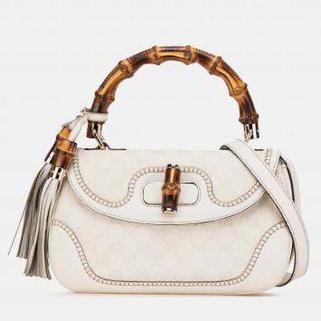 Pre Owned Gucci White Medium GG Canvas New Bamboo Satchel