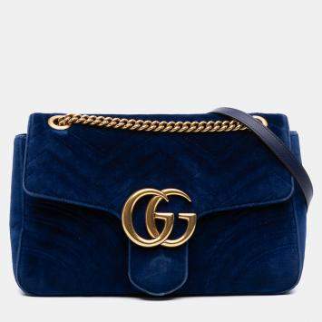 Pre Owned Gucci Blue Medium GG Marmont Matelasse Velvet Flap Crossbody